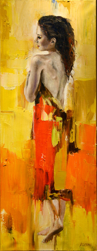 Original art for sale at UGallery.com | Red Dress by Gary Leonard | $2,300 | oil painting | 40' h x 16' w | photo 1