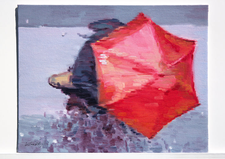 Red Umbrella In Paris by Warren Keating |   Closeup View of Artwork 