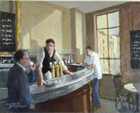 Original art for sale at UGallery.com | Morning Coffee by Bertrand Girard | $2,850 | mixed media artwork | 24' h x 30' w | thumbnail 1