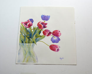 Original art for sale at UGallery.com | Tulips in Frosted Vase by Judy Mudd | $775 | watercolor painting | 19' h x 14' w | photo 3