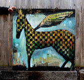 Original art for sale at UGallery.com | A Nighttime Checkered Horse With Wings by Scott Dykema | $2,800 | mixed media artwork | 36' h x 36' w | thumbnail 3