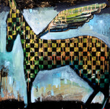 Original art for sale at UGallery.com | A Nighttime Checkered Horse With Wings by Scott Dykema | $2,800 | mixed media artwork | 36' h x 36' w | thumbnail 1