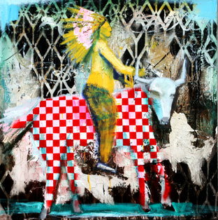 Original art for sale at UGallery.com | Pattern On Pattern Bull With Chief by Scott Dykema | $5,375 | mixed media artwork | 48' h x 48' w | photo 1