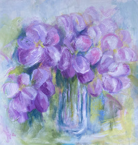 acrylic painting by Alix Palo titled Purple Flowers in Vase