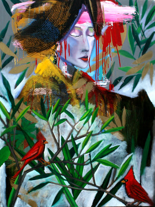 Original art for sale at UGallery.com | A Quiet Misty Morning with Cardinals by Scott Dykema | $4,125 | mixed media artwork | 48' h x 36' w | photo 1