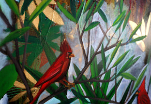 Original art for sale at UGallery.com | A Quiet Misty Morning with Cardinals by Scott Dykema | $4,125 | mixed media artwork | 48' h x 36' w | photo 3