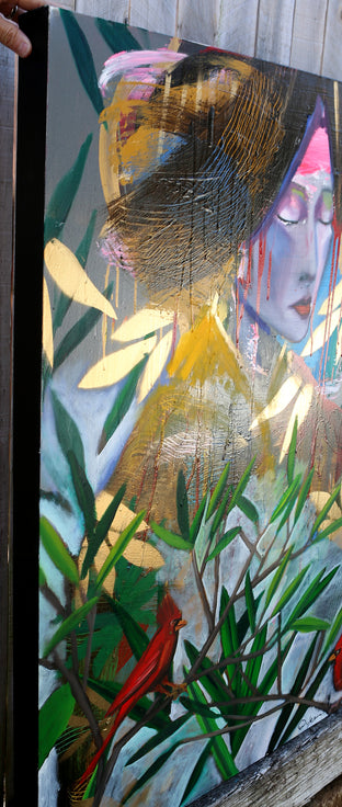 Original art for sale at UGallery.com | A Quiet Misty Morning with Cardinals by Scott Dykema | $4,125 | mixed media artwork | 48' h x 36' w | photo 4