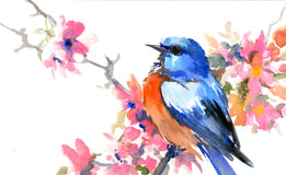 Original art for sale at UGallery.com | Spring, Bluebird and Sakura Blossom by Suren Nersisyan | $400 | watercolor painting | 12' h x 16' w | thumbnail 2