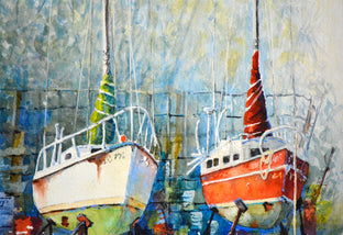 Original art for sale at UGallery.com | Boatyard Buddies 2 by Judy Mudd | $575 | watercolor painting | 15' h x 9' w | photo 4