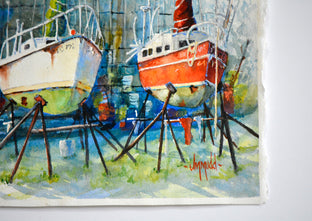 Original art for sale at UGallery.com | Boatyard Buddies 2 by Judy Mudd | $575 | watercolor painting | 15' h x 9' w | photo 2