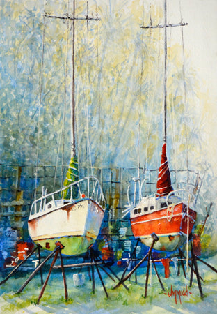 Original art for sale at UGallery.com | Boatyard Buddies 2 by Judy Mudd | $575 | watercolor painting | 15' h x 9' w | photo 1