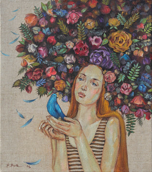 Original art for sale at UGallery.com | The Blue Bird by Mika Burt | $1,200 | oil painting | 15.75' h x 13.78' w | photo 1