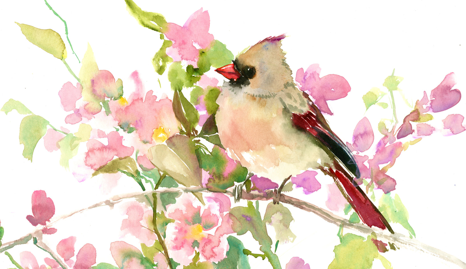 Female Cardinal and Pink Blossom by Suren Nersisyan |  Side View of Artwork 