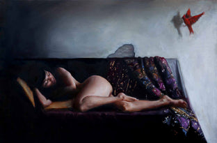 Original art for sale at UGallery.com | Woman with Cardinal by John Kelly | $2,700 | oil painting | 21' h x 32' w | photo 1
