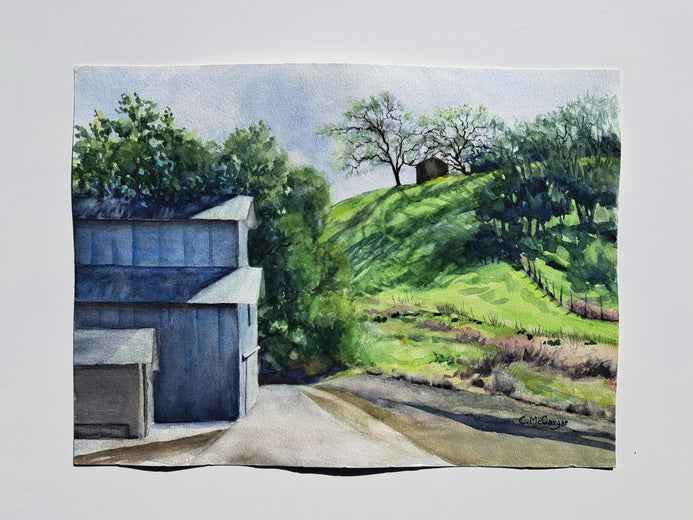 Shadowed Hill Behind the Barn by Catherine McCargar |  Side View of Artwork 