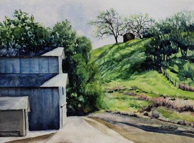 watercolor painting by Catherine McCargar titled Shadowed Hill Behind the Barn
