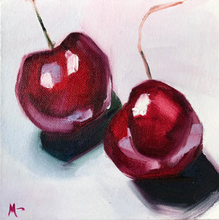 Original art for sale at UGallery.com | Cheries on White Linens by Malia Pettit | $175 | oil painting | 6' h x 6' w | photo 3
