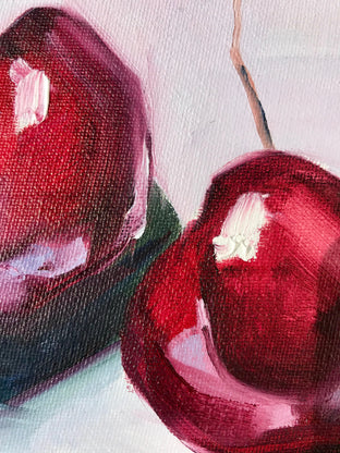 Original art for sale at UGallery.com | Cheries on White Linens by Malia Pettit | $175 | oil painting | 6' h x 6' w | photo 2