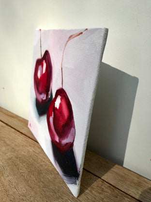 Original art for sale at UGallery.com | Cheries on White Linens by Malia Pettit | $175 | oil painting | 6' h x 6' w | photo 4