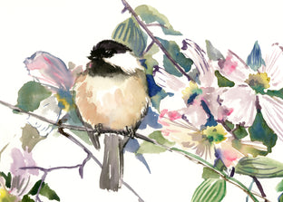 Original art for sale at UGallery.com | Enjoyment, Chickadee and Dogwood Flowers by Suren Nersisyan | $400 | watercolor painting | 12' h x 16' w | photo 2