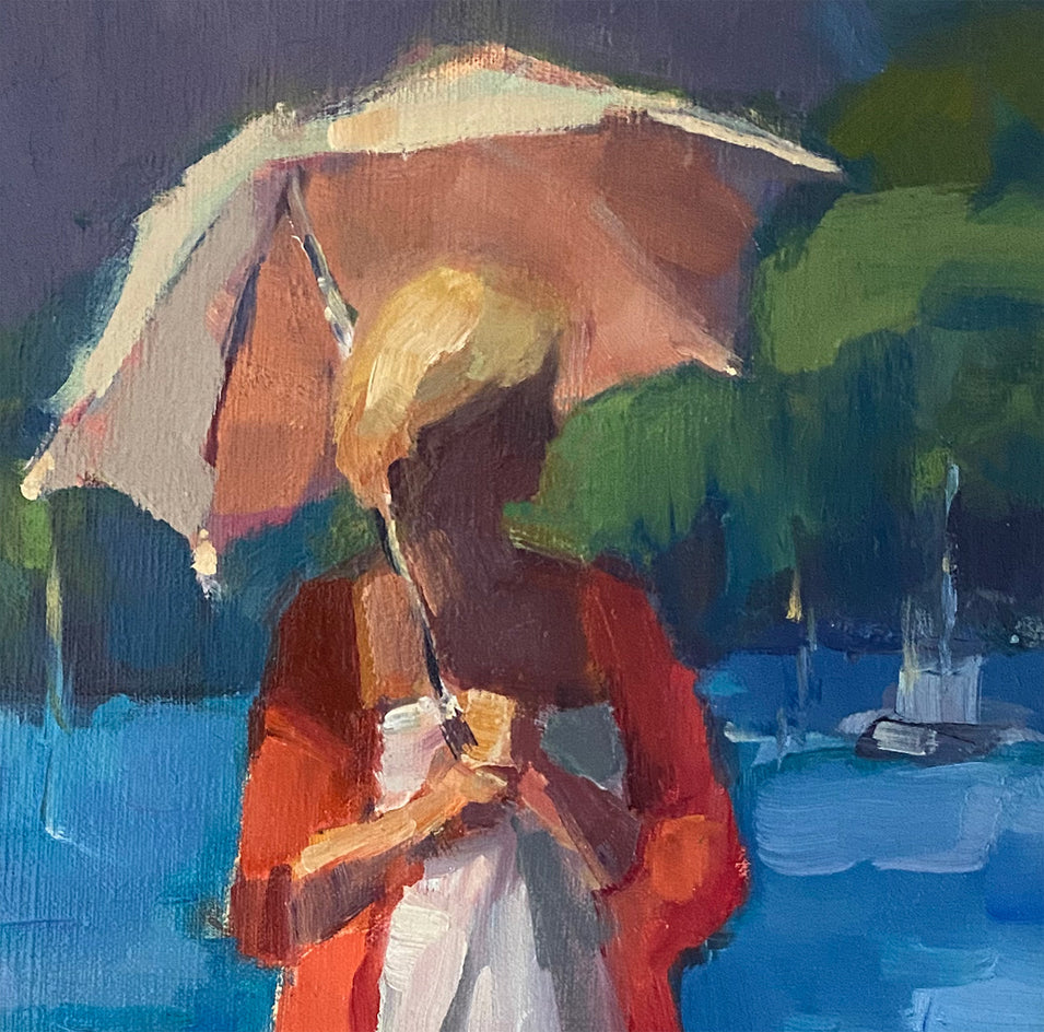 Lady With the Pink Umbrella by Claudia Verciani |  Closeup View of Artwork 