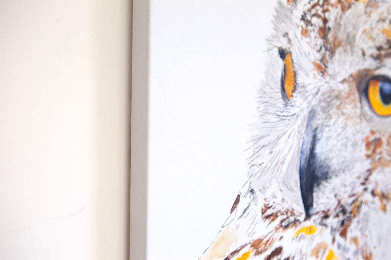 Max the Great Horned Owl Hearing Hooting by Emil Morhardt |  Side View of Artwork 