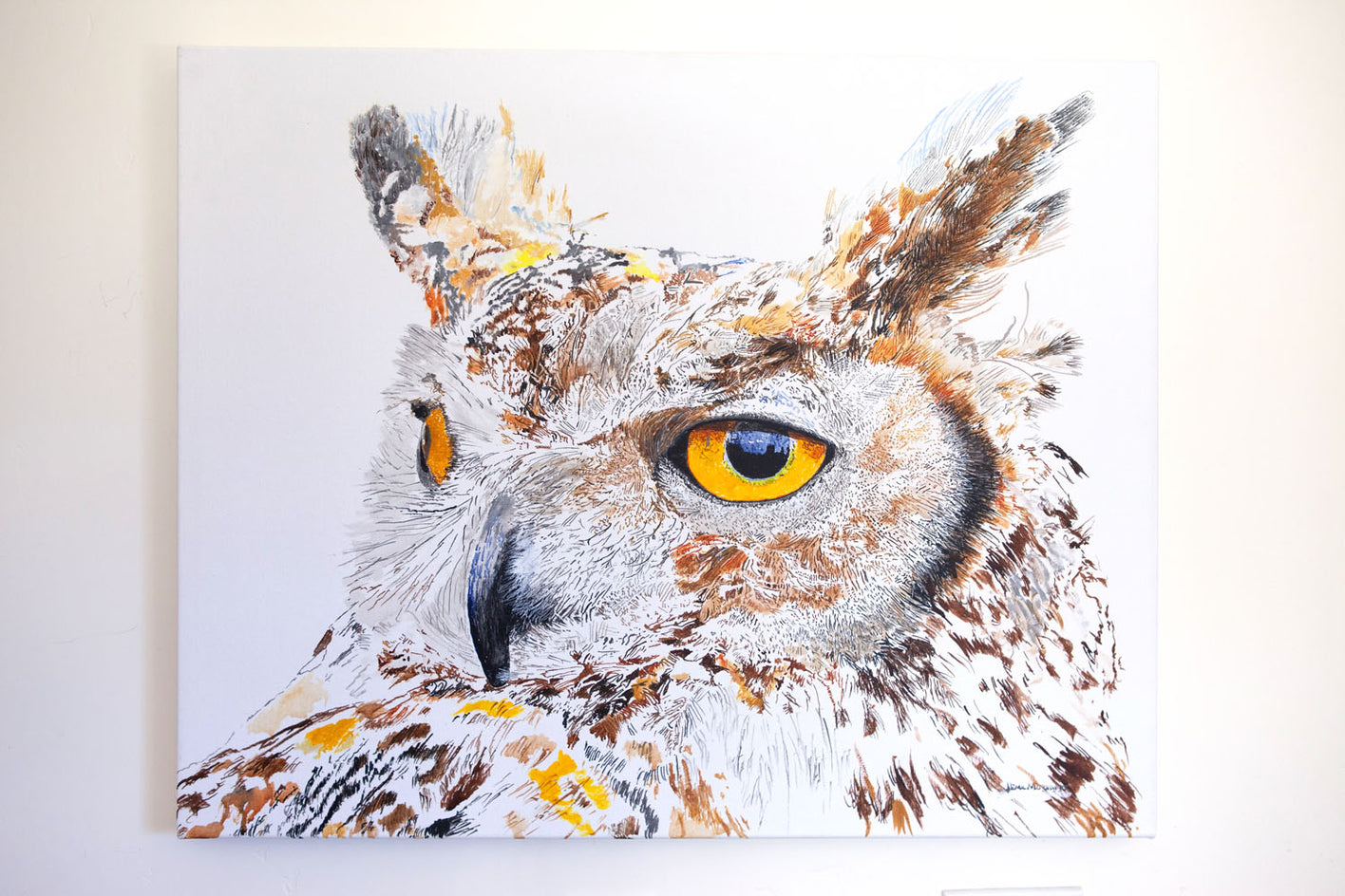 Max the Great Horned Owl Hearing Hooting by Emil Morhardt |  Context View of Artwork 