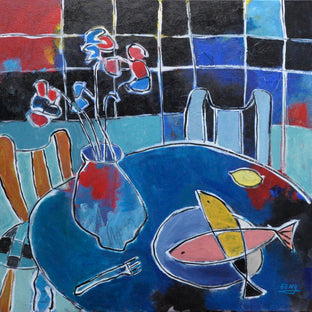 Original art for sale at UGallery.com | Pink and Yellow Fish by Feng Biddle | $1,300 | acrylic painting | 30' h x 30' w | photo 1