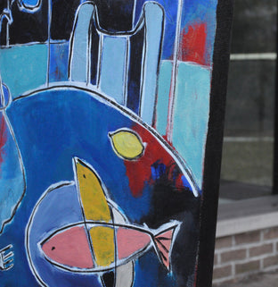 Original art for sale at UGallery.com | Pink and Yellow Fish by Feng Biddle | $1,300 | acrylic painting | 30' h x 30' w | photo 2