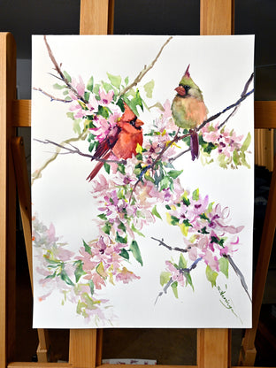 Cardinals and Cherry Blossom by Suren Nersisyan |  Side View of Artwork 