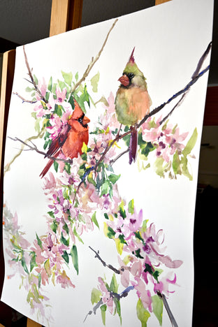 Cardinals and Cherry Blossom by Suren Nersisyan |   Closeup View of Artwork 