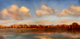 Original art for sale at UGallery.com | Autumn Afternoon, Orange, Brown and Blue by Elizabeth Garat | $1,600 | oil painting | 18' h x 36' w | thumbnail 1