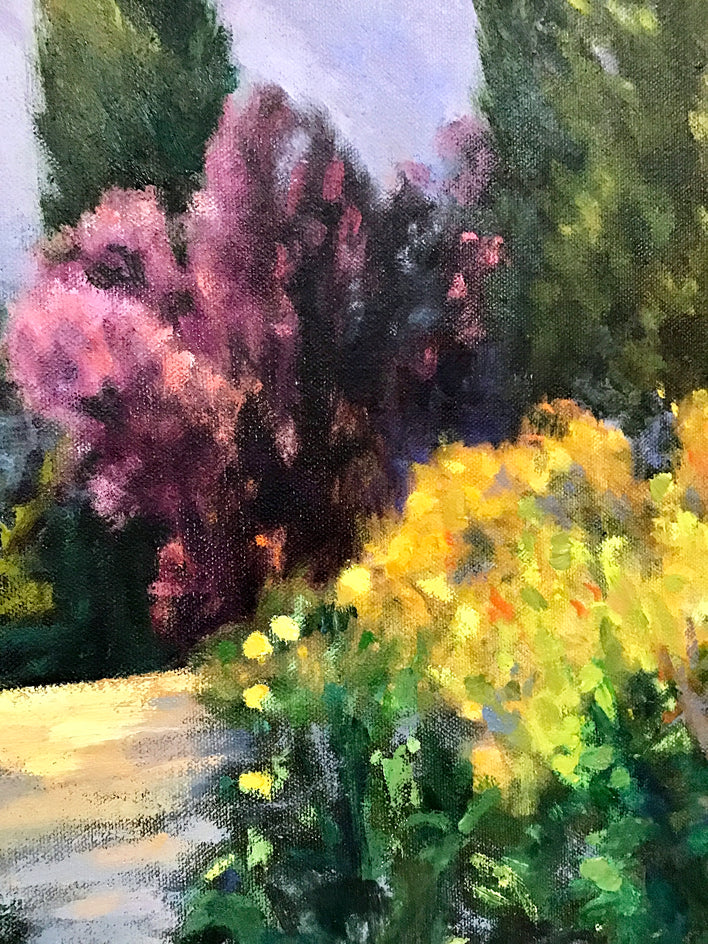 Garden Vista, Cypresses and Plum by Elizabeth Garat |  Closeup View of Artwork 