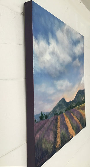 Rows of Lavender, Peach Light Above the Hills by Elizabeth Garat |  Side View of Artwork 