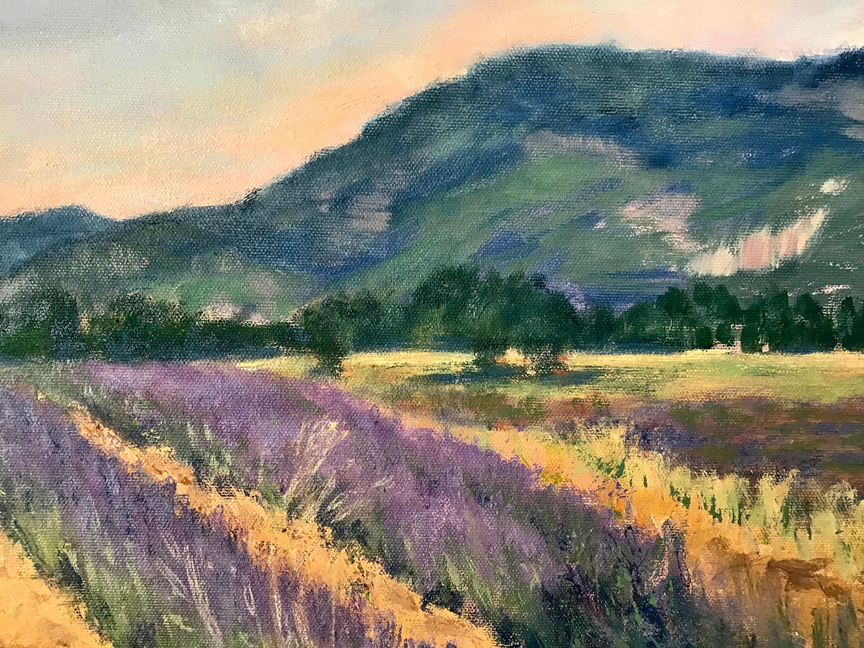 Rows of Lavender, Peach Light Above the Hills by Elizabeth Garat |  Closeup View of Artwork 