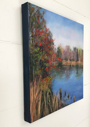 Original art for sale at UGallery.com | The Pond in November; Red Berries by Elizabeth Garat | $875 | oil painting | 18' h x 18' w | photo 2