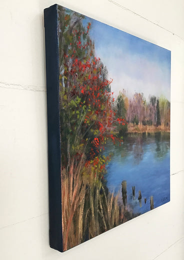 The Pond in November; Red Berries by Elizabeth Garat |  Side View of Artwork 