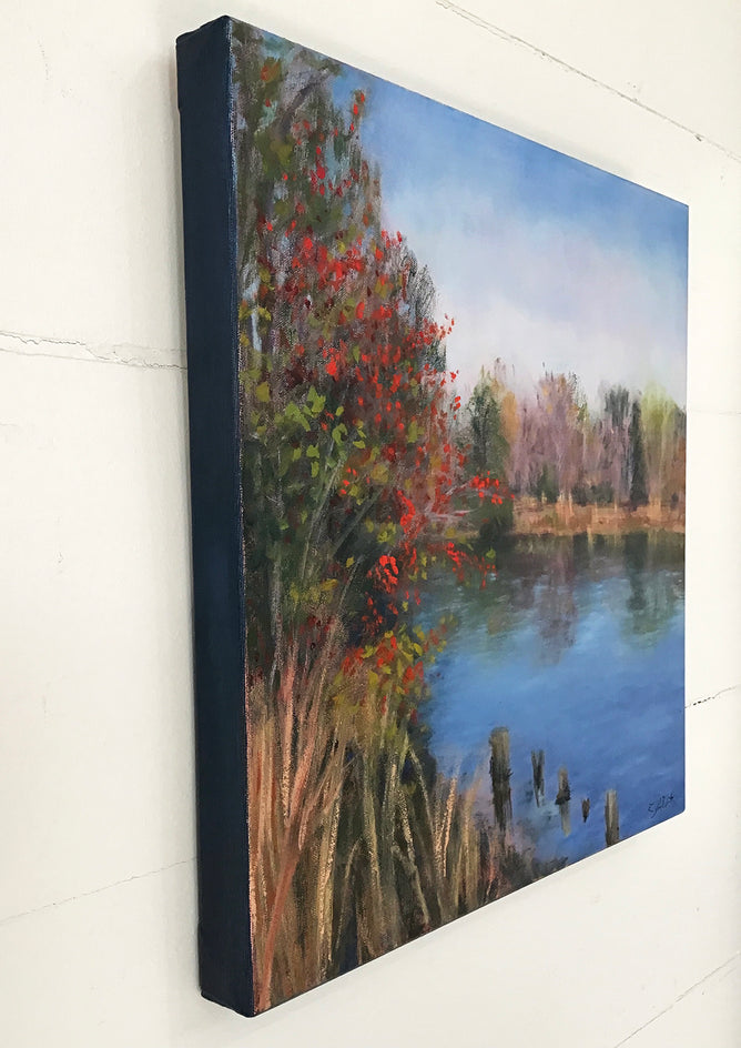 The Pond in November; Red Berries by Elizabeth Garat |  Side View of Artwork 