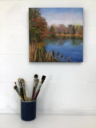 Original art for sale at UGallery.com | The Pond in November; Red Berries by Elizabeth Garat | $875 | oil painting | 18' h x 18' w | photo 3