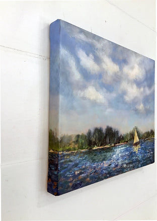 Yellow Sail on Patriot Lake by Elizabeth Garat |  Side View of Artwork 