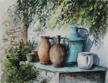 watercolor painting by Erika Fabokne Kocsi titled Ceramics