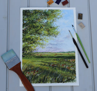 Original art for sale at UGallery.com | Distant Poppies by Erika Fabokne Kocsi | $500 | watercolor painting | 9' h x 13' w | photo 2