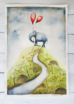 Original art for sale at UGallery.com | Elephant on the Hill by Evgenia Smirnova | $600 | watercolor painting | 23' h x 15' w | photo 3