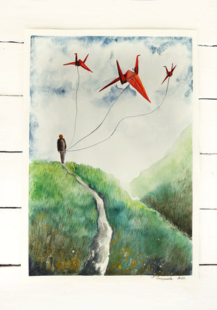 Original art for sale at UGallery.com | Red Paper Birds by Evgenia Smirnova | $600 | watercolor painting | 23' h x 15' w | photo 3