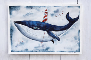 Original art for sale at UGallery.com | Whale & The Lighthouse by Evgenia Smirnova | $600 | watercolor painting | 15' h x 23' w | photo 3