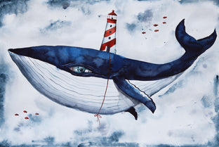 Original art for sale at UGallery.com | Whale & The Lighthouse by Evgenia Smirnova | $600 | watercolor painting | 15' h x 23' w | photo 1