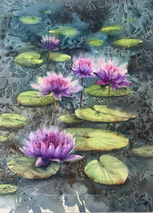 Original art for sale at UGallery.com | Swamp Blossoms by Fatemeh Kian | $475 | watercolor painting | 14' h x 10.5' w | photo 1