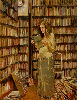 Original art for sale at UGallery.com | At Ray and Judy's Bookstore by Onelio Marrero | $375 | oil painting | 10' h x 8' w | photo 1