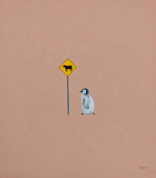 Original art for sale at UGallery.com | Penguin & Cow Sign by Heejin Sutton | $950 | mixed media artwork | 15.5' h x 13.5' w | photo 1
