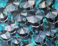 Original art for sale at UGallery.com | Blue-Green Cubist Cafe by Rachel Srinivasan | $800 | oil painting | 24' h x 30' w | thumbnail 1